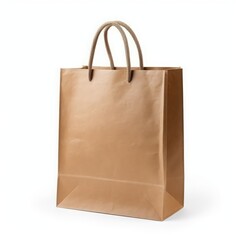 An isolated recycled kraft brown paper shopping bag against a white backdrop, featuring mock-up and copy space.