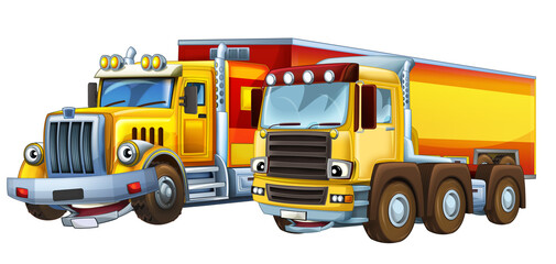 Naklejka premium cartoon scene with heavy cargo truck and concrete mixer talking togehter being happy illustration for children