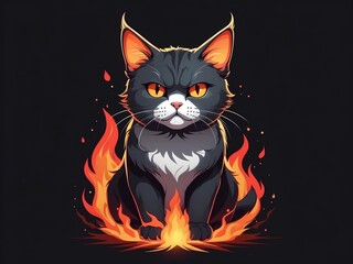 a cat with an angry gaze, with a fire effect, very detailed t-shirt design, flat cartoon