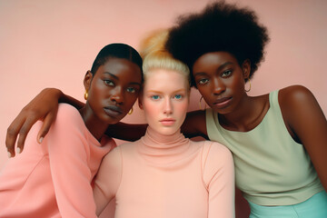 Three female models of different ethnicities wearing pastel tones