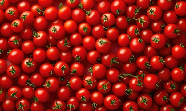 Creative pattern made of red tomatoes on a red background. Flat lay, top view.