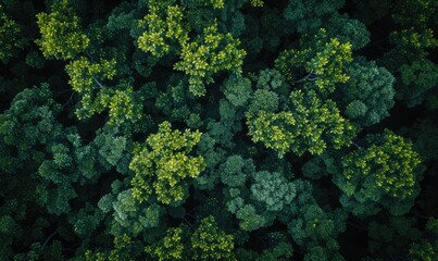 Top view of green trees in the forest. View from above. - obrazy, fototapety, plakaty