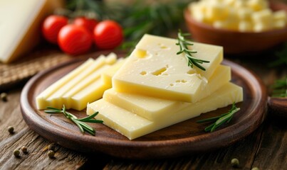 Slices of cheese with rosemary and tomatoes on a wooden background