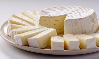 Camembert cheese on a plate isolated on a white background.