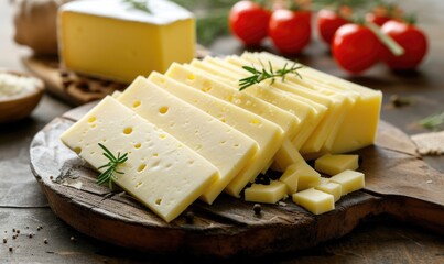 Slices of cheese with herbs on a wooden cutting board.