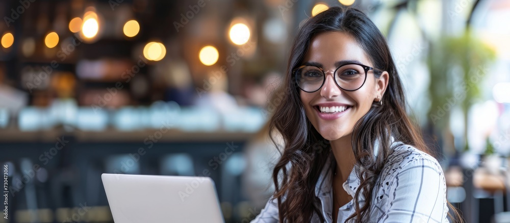 Canvas Prints Smiling female IT specialist with glasses and laptop