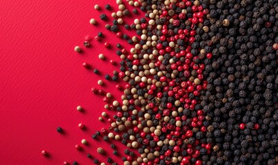 Top view of mix of peppercorns on red background with copy space