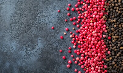 Red, black and white peppercorns on a dark textured background