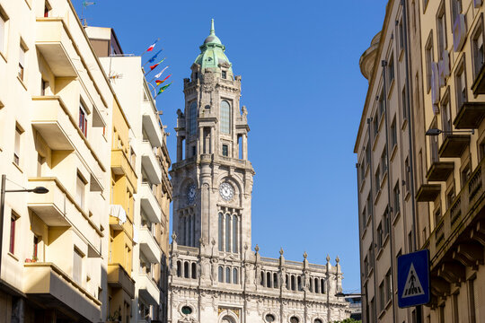 The clock tower in Porto City Hall (Camara Municipal do Porto. City center of Porto in Portugal