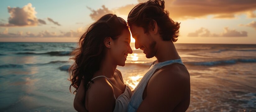 Romantic couple with love at summer date in beach background. AI generated image