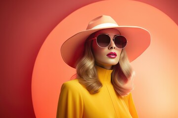 Fototapeta premium Elegant lady in wide brimmed hat with red lips makeup on orange background. Young and beautiful woman is ready for vacation or party. Retro fashion concept. Banner with copy space. Peach color