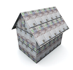 Origami house with money. 200 reais banknotes, Brazilian currency. 3D render.