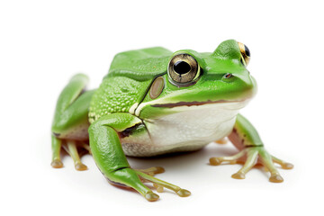 A detailed close-up image of a vibrant green frog. The focus is on the frog’s textured skin and large, golden-hued eyes, set against a contrasting white background.