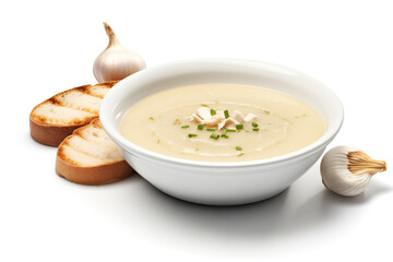 A bowl of creamy garlic soup garnished with herbs, accompanied by toasted bread slices and fresh garlic bulbs, presented against a clean white background.