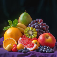 Naklejka na ściany i meble A colorful array of fresh fruits including grapes, oranges, kiwi, and apples, beautifully arranged against a dark backdrop.