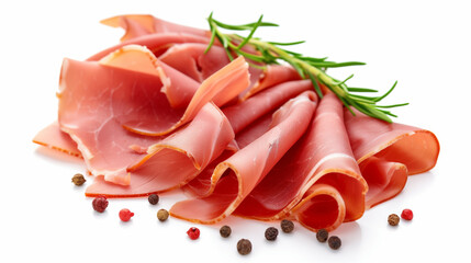 An elegant display of thinly sliced prosciutto garnished with fresh rosemary and scattered peppercorns, isolated on a white background.