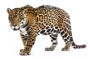 Obraz premium A stunning jaguar with a vibrant coat, captured mid-stride against a white background, showcasing its natural beauty and elegance.