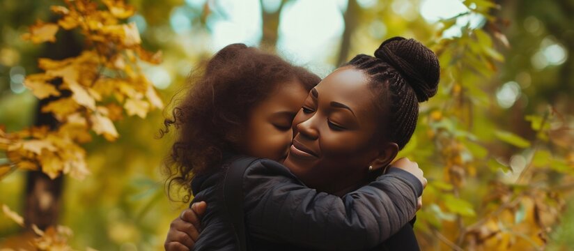 Happy family afro african mother and daughter hugging in nature outdoor. AI generated image