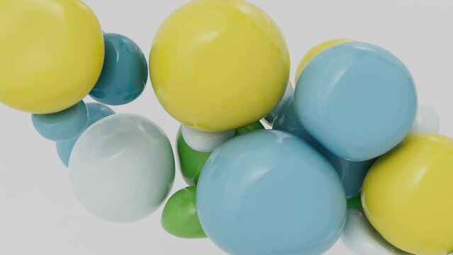 Abstract background with moving soft yellow, blue, green and white colored balls or air balloons on white background. 3D animation. 4K. alpha channel