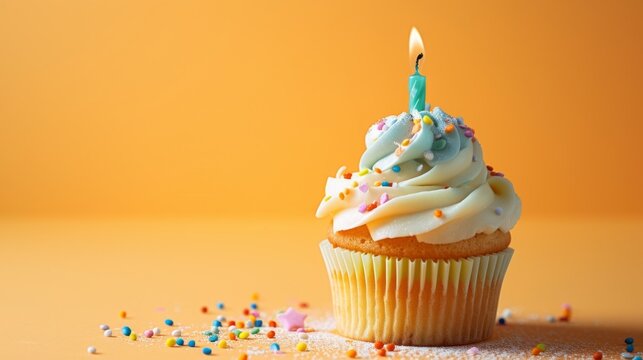 Cheerful studio image of a birthday cupcake featuring a playful mix of frosting colors and a single candle generative ai