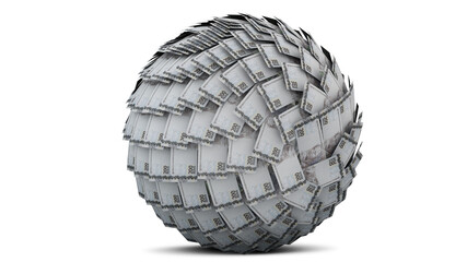 Financial snowball. Conceptual idea about having a big debt. Note of 200 reais. Money from Brazil. 3d rendering.