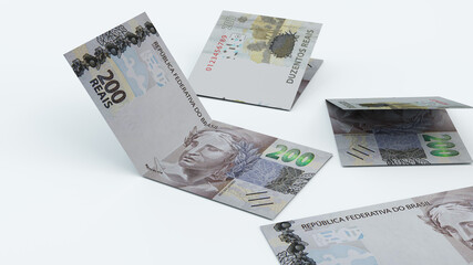 Money folded on top of a white table. 200 reais. Money from Brazil. 3d render.