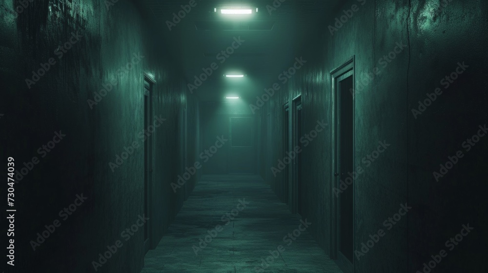 Poster a hallway with a light on the end of it in an empty room, ai