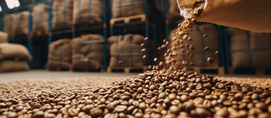 Close up raw coffee beans pouring from handful to the sack in a warehouse. AI generated image - obrazy, fototapety, plakaty