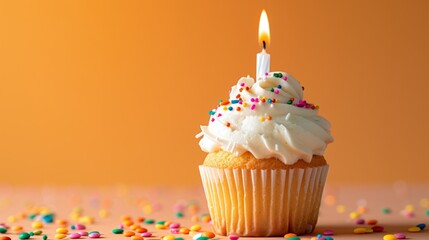 Close-up image of a festive cupcake with sprinkles and a single candle generative ai - obrazy, fototapety, plakaty