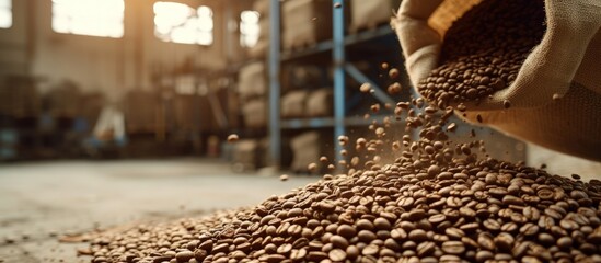 Close up raw coffee beans pouring from handful to the sack in a warehouse. AI generated image - obrazy, fototapety, plakaty