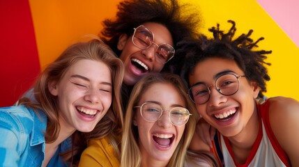 Fototapeta premium Close-up of a group of friends in a playful pose, set against a vibrant multicolored studio background generative ai