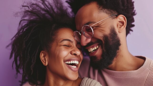Close-up of a happy couple sharing a moment of laughter, set against a romantic lavender studio background generative ai