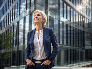 Fototapeta premium portrait of a successful older businesswoman consultant looking at camera and smiling in front an modern office building