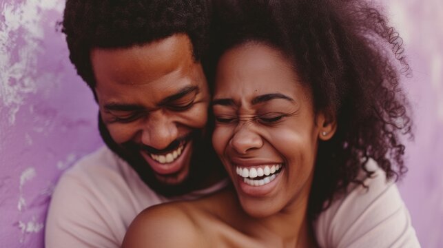 Close-up of a happy couple sharing a moment of laughter, set against a romantic lavender studio background generative ai