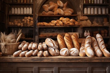 Artisan bakery with a wide selection of freshly baked bread on fully stocked display shelves