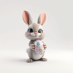 Illustration of a cute Easter bunny with a painted egg on a white background. Children's picture of a hare with big eyes in 3D animation style