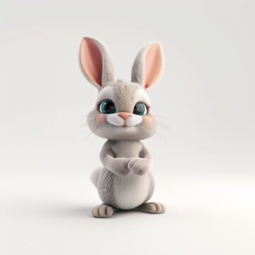 Illustration of a cute little Easter bunny on a white background. Children's picture of a hare with big eyes in 3D animation style