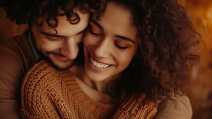 Close-up shot of a happy couple embracing, surrounded by a warm brown studio background, generative ai