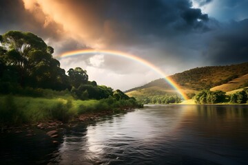 Naklejka premium A vibrant rainbow arcs across a dramatic sky above a serene river
