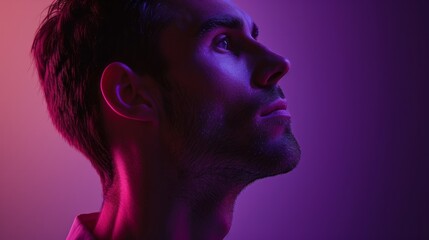 Close-up of a man in a thoughtful pose, in front of a purple studio background generative ai