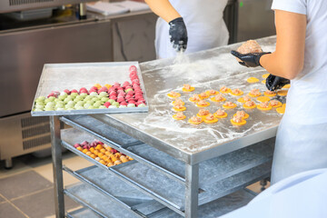 Factory for making dumplings from dough and minced meat. Background with selective focus and copy space
