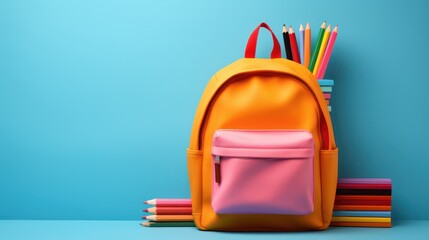Primary school children's orange color backpack with stationery decoration on blue background.