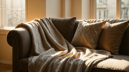 A couch with multiple throw pillows and a blanket.