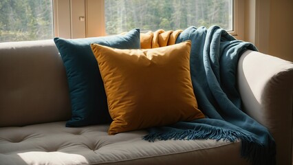A couch with pillows and a blanket on it.