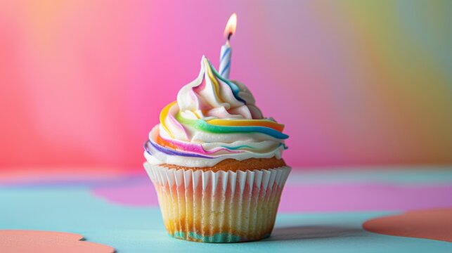 Close-up shot of a whimsical cupcake adorned with colorful swirls of frosting and a single candle, generative ai