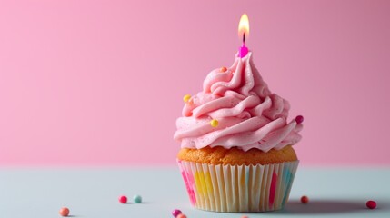 Close-up view of a delightful birthday cupcake with vibrant pink frosting, adorned with a single candle generative ai