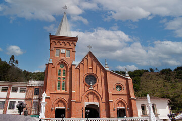 Montebello, Antioquia - Colombia. January 24, 2024. Facade of the our lady of mercy church is a...