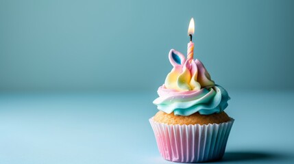 lovely unicorn themed cupcake with pastel colored frosting and a single candle generative ai