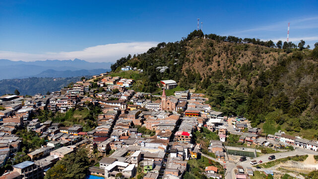 Montebello, Antioquia - Colombia. January 24, 2024. Panoramic with drone of the municipality, with a population of 6680 inhabitants