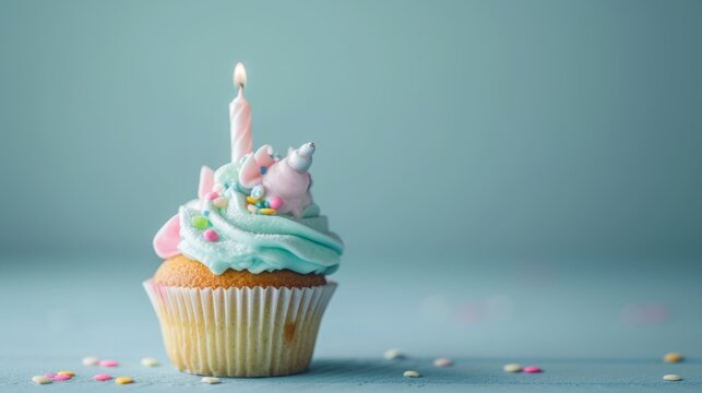 lovely unicorn themed cupcake with pastel colored frosting and a single candle generative ai